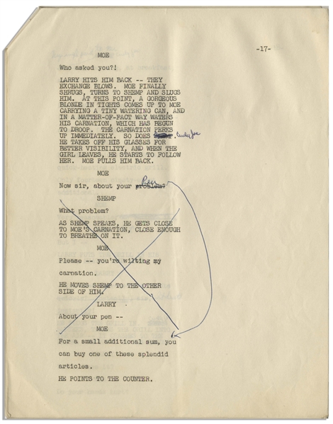 Moe Howard's Signed 15pp. Script From a Scene in a Stooges Movie With Shemp, Hand-Annotated by Moe for Curly Joe Instead -- Likely Edited for a Charity Performance -- 8.5'' x 11'', Very Good